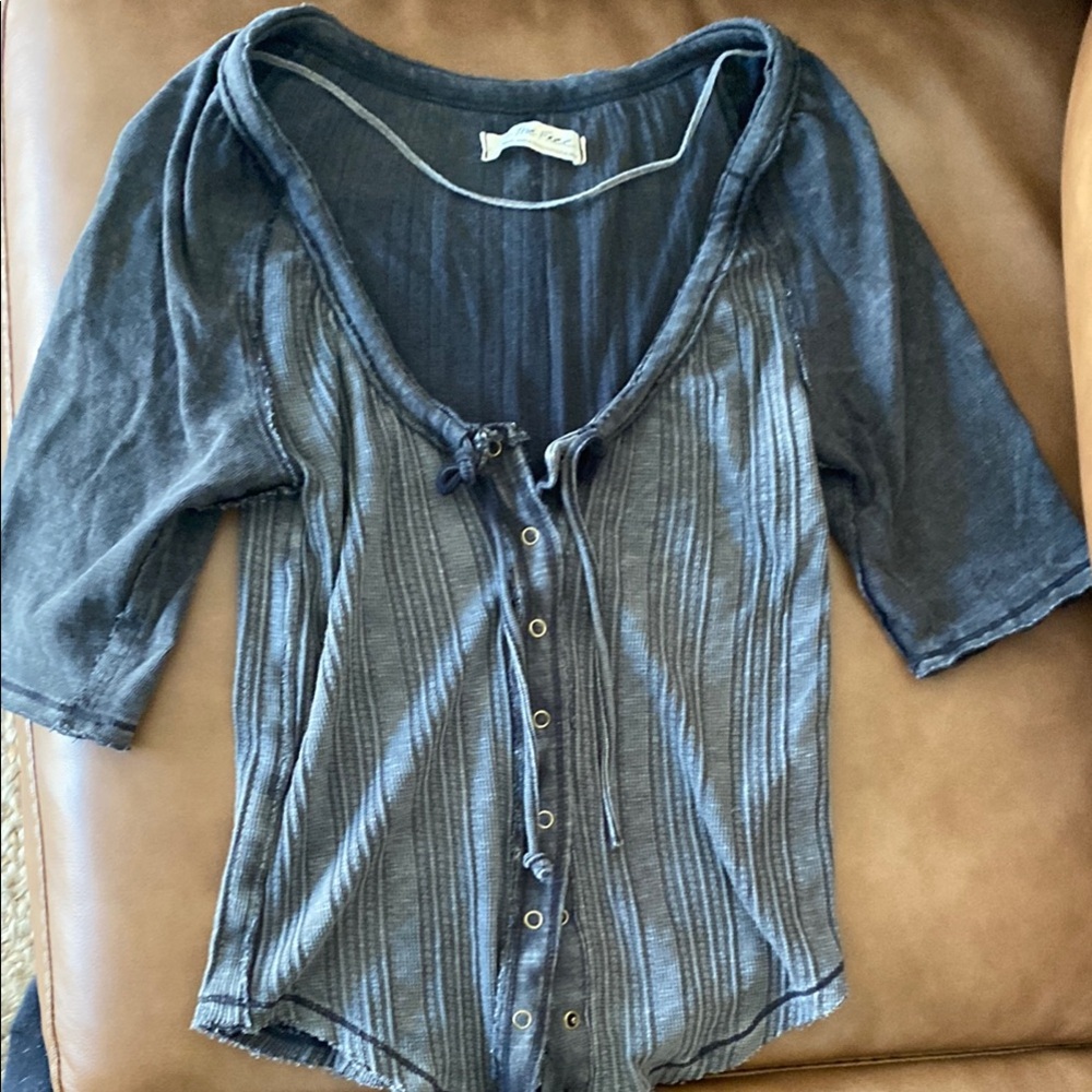 Women's Blue Button-Up Top casual blue grey to look faded Free People